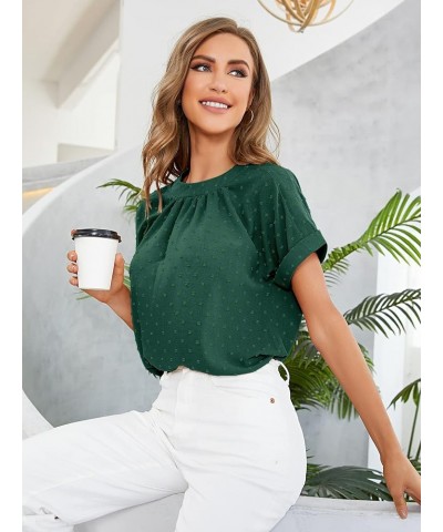 Women's Casual Swiss Dots Crew Neck Short Sleeve Pleated Work Blouse Top Shirt Green Dark $12.04 Blouses