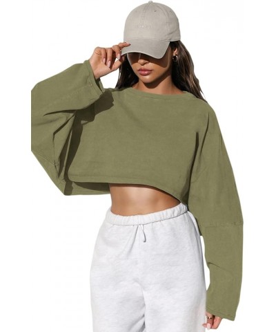 Women Long Sleeve Cropped Sweat Shirts Drop Shoulder Oversized Crewneck Y2k Tees Pullover Tops Green $14.21 Hoodies & Sweatsh...