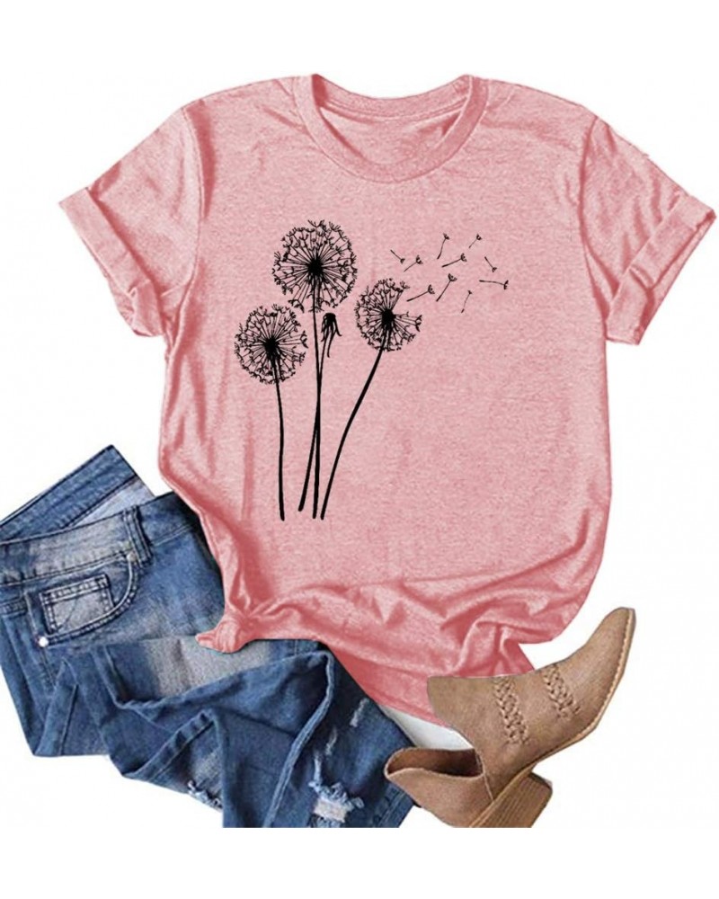 Womens Cute Make A Wish Dandelion Printed Tee Shirts Summer Cotton Vintage Graphic Tees Tops Z-pink $12.50 T-Shirts