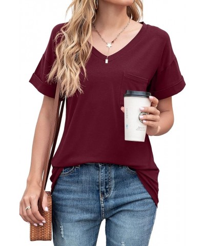 Women's Short Sleeve V-Neck Shirts Loose Casual Tee T-Shirt Basic Tops A-10 Wine Red $8.66 T-Shirts