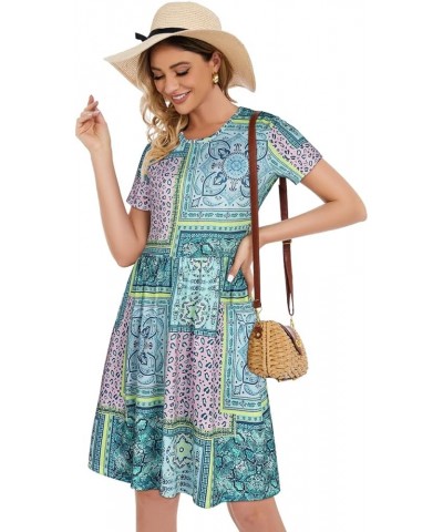 Summer Dresses for Women Casual Flowy Swing Loose Fit T-Shirt Sundress with Pockets Green Printed Plaid $11.19 Dresses