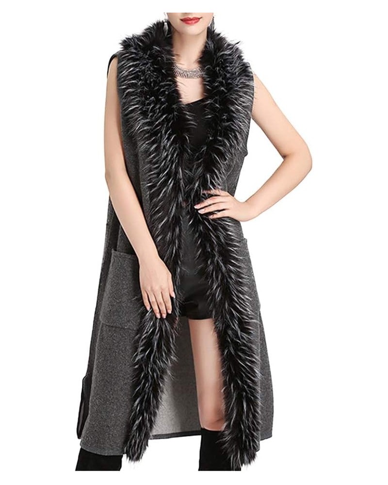 Womens Long Waistcoat Fuax Fur Trim Winter Vest Sleeveless Cardigan Grey $27.44 Coats