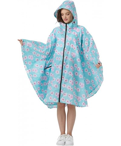 Womens Rain Poncho Stylish Polyester Waterproof Raincoat Free Size with Hood Zipper Various Colors Styles Light Blue Sakura $...