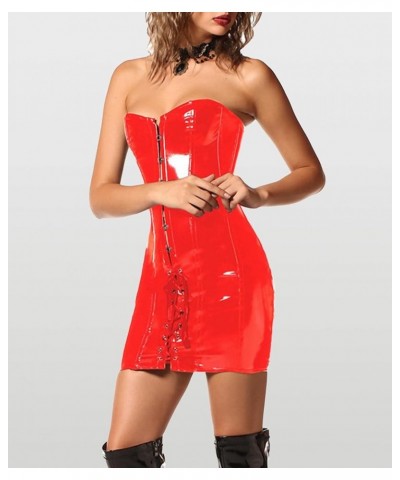 Women's Faux Leather Lace Up Corset Dress Sleeveless Ruffle Bodycon Mini PU Dresses Sexy Steampunk Clubwear D-red $20.15 Dresses