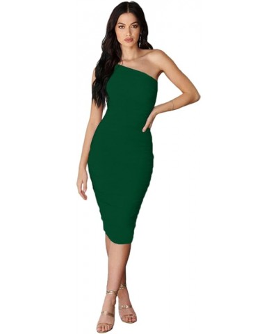 Women’s Ruched One Shoulder Bodycon Midi Dress Sexy Sleeveless Cocktail Party Pencil Dresses Green $23.36 Dresses