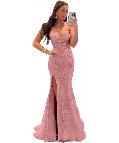 Mermaid Lace Prom Dresses for Women Spaghetti Strap Corset Formal Evening Party Dress with Slit Dusty Rose $34.00 Dresses