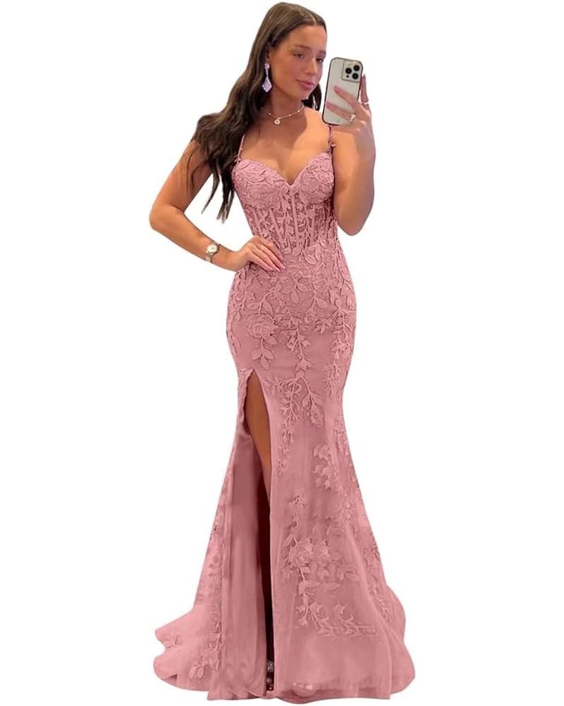 Mermaid Lace Prom Dresses for Women Spaghetti Strap Corset Formal Evening Party Dress with Slit Dusty Rose $34.00 Dresses