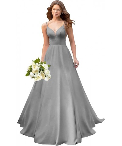 A line Satin Prom Dresses V Neck Long Ball Gowns Simple Wedding Dresses Grey $44.59 Dresses