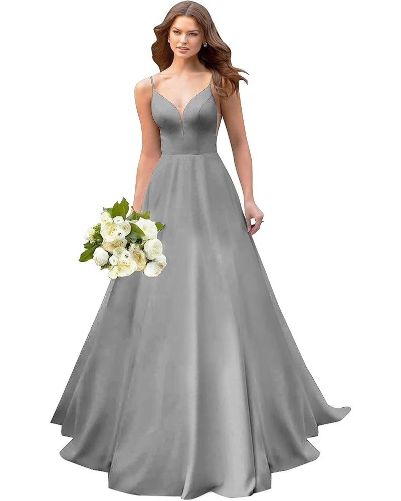 A line Satin Prom Dresses V Neck Long Ball Gowns Simple Wedding Dresses Grey $44.59 Dresses