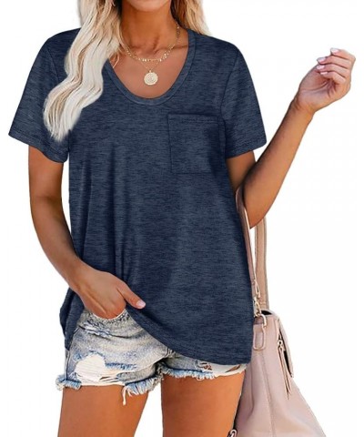 Women Summer T Shirts Short Sleeve Rounded V Neck Pocket Tee Tops 1-navy Blue $12.00 T-Shirts