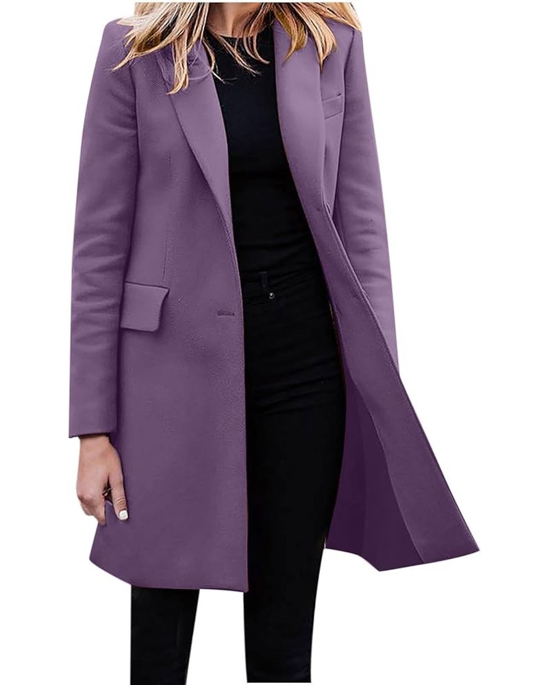 Women's Woolen Blend Coats Winter Notch Lapel Collar Peacoat Overcoat Open Front Cardigan Trench Coats with Belt 7purple $5.8...