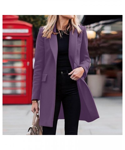 Women's Woolen Blend Coats Winter Notch Lapel Collar Peacoat Overcoat Open Front Cardigan Trench Coats with Belt 7purple $5.8...