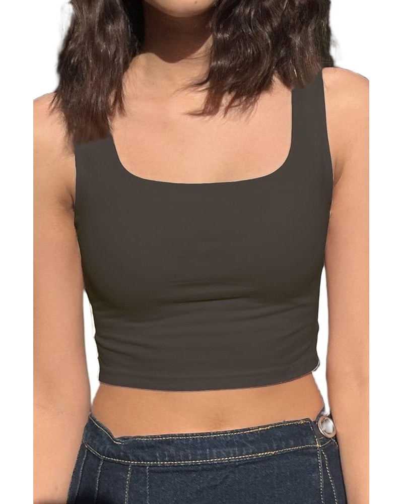 Women Y2k Cropped Tank Top Casual Square Neck Sleeveless Shirts Basic Solid Slim Fit Tees Streetwear 01-square Grey $6.95 Tops