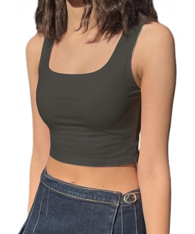 Women Y2k Cropped Tank Top Casual Square Neck Sleeveless Shirts Basic Solid Slim Fit Tees Streetwear 01-square Grey $6.95 Tops