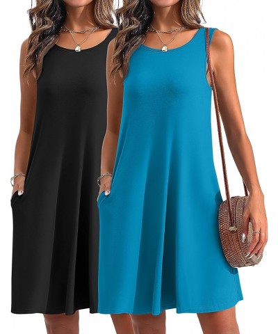 2 Pack Women's Summer Casual Dresses, Beach Cover up Tank Dress with Pockets Plain Round Neck Swing T Shirt Sundresses Black,...