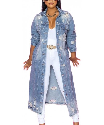 Women's Elegant Long Sleeeve Button Front Destroyed Holes Ripped Long Denim Trench Coat Light-blue $22.85 Jackets