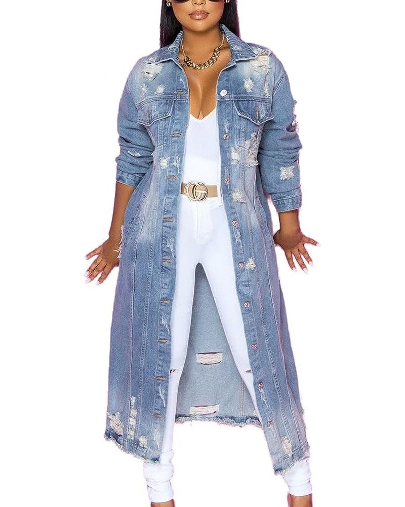 Women's Elegant Long Sleeeve Button Front Destroyed Holes Ripped Long Denim Trench Coat Light-blue $22.85 Jackets