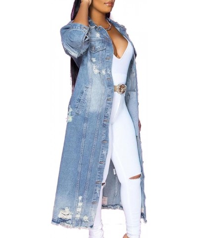 Women's Elegant Long Sleeeve Button Front Destroyed Holes Ripped Long Denim Trench Coat Light-blue $22.85 Jackets