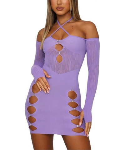 Women Long/Short Sleeve Hanging Neck Street Party Bodycon Dresses Spring Fall Casual Wrapped Cutout Y2k Mini Dress Purple $11...