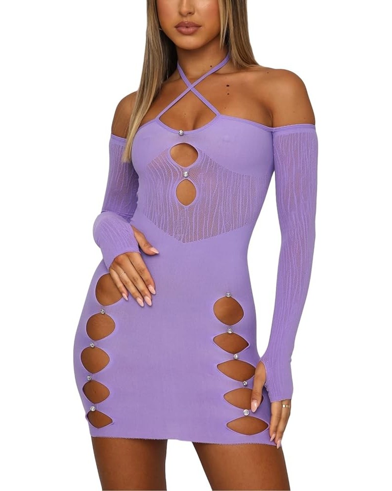 Women Long/Short Sleeve Hanging Neck Street Party Bodycon Dresses Spring Fall Casual Wrapped Cutout Y2k Mini Dress Purple $11...