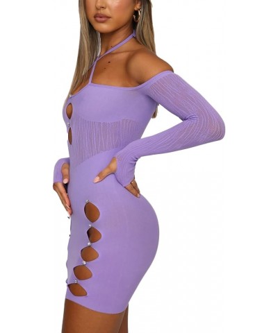 Women Long/Short Sleeve Hanging Neck Street Party Bodycon Dresses Spring Fall Casual Wrapped Cutout Y2k Mini Dress Purple $11...