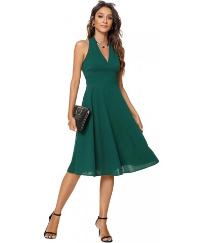 Womens Casual V Neck Sleeveless Solid A-Line Cocktail Flare Swing Midi Dresses Deep Green $21.44 Dresses