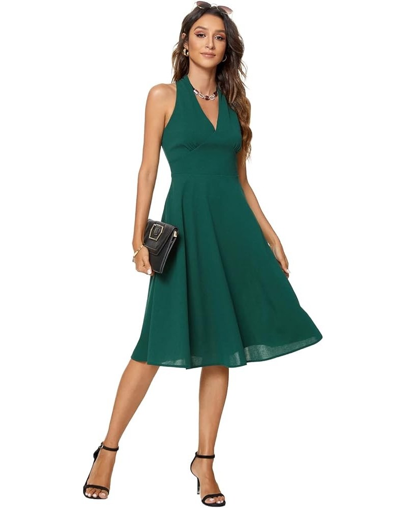 Womens Casual V Neck Sleeveless Solid A-Line Cocktail Flare Swing Midi Dresses Deep Green $21.44 Dresses