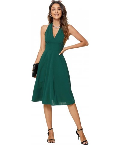 Womens Casual V Neck Sleeveless Solid A-Line Cocktail Flare Swing Midi Dresses Deep Green $21.44 Dresses