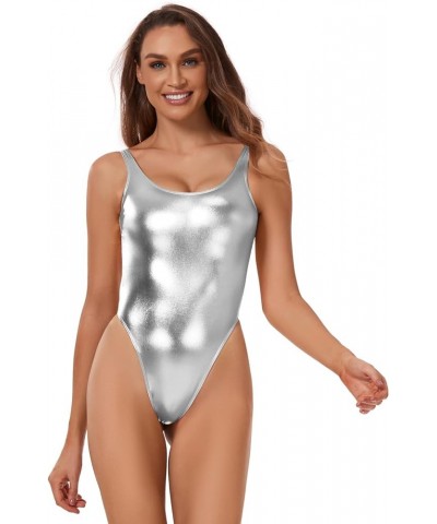 Womens Metallic Top Bodysuit - Sexy Backless High Cut Gymnastics Leotards, One Piece Body Suits Silver $14.74 Swimsuits