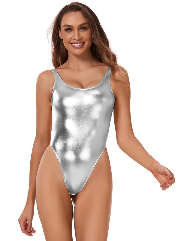 Womens Metallic Top Bodysuit - Sexy Backless High Cut Gymnastics Leotards, One Piece Body Suits Silver $14.74 Swimsuits