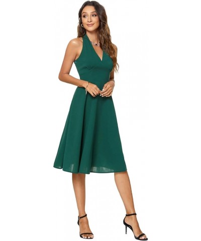 Womens Casual V Neck Sleeveless Solid A-Line Cocktail Flare Swing Midi Dresses Deep Green $21.44 Dresses