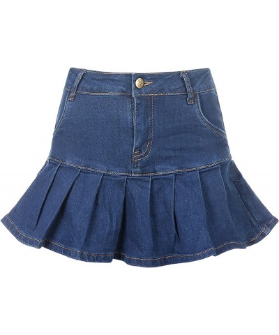 Women's Pleated Jean Skirt Casual A-Line Ruffle Y2K Mini Denim Skirt Blue $16.26 Shorts