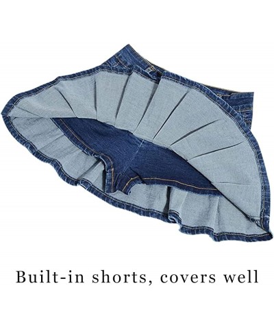 Women's Pleated Jean Skirt Casual A-Line Ruffle Y2K Mini Denim Skirt Blue $16.26 Shorts