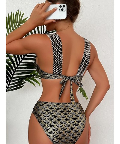 Women's Metallic Print Wide Strap Cheeky Bottom Push Up 2 Piece Set Bikini Swimsuit One Piece Gold $14.62 Swimsuits