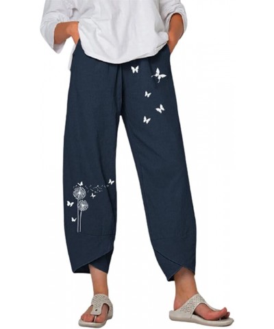 Cotton Linen Casual Summer Capri Pants Printed Cropped Comfy Baggy Trousers with Pockets Palazzo Lounge Pants A8 Navy $13.33 ...