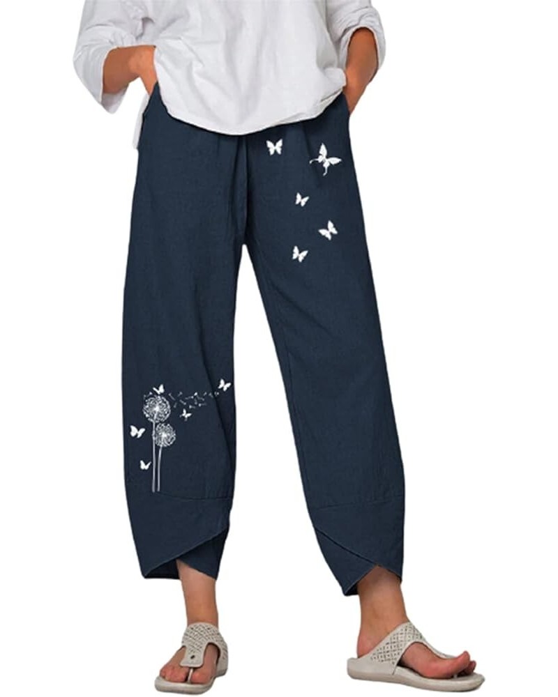 Cotton Linen Casual Summer Capri Pants Printed Cropped Comfy Baggy Trousers with Pockets Palazzo Lounge Pants A8 Navy $13.33 ...