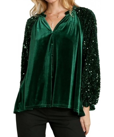 Velvet Tops for Women Sequin Long Sleeve Top V Neck Velvet Shirt Blouse Top Green $20.71 Blouses