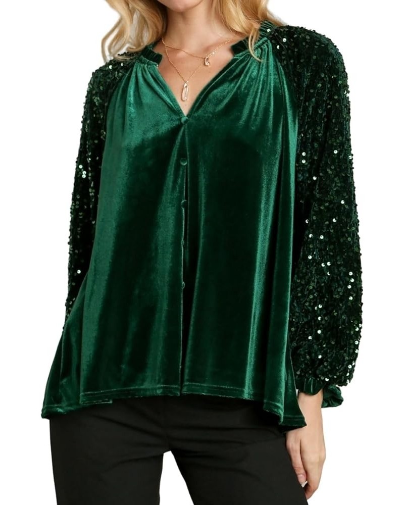 Velvet Tops for Women Sequin Long Sleeve Top V Neck Velvet Shirt Blouse Top Green $20.71 Blouses