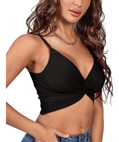 Women's Twist Knot Front Deep V Neck Rib Knit Sleeveless Cami Tank Crop Top Black $10.75 Tanks