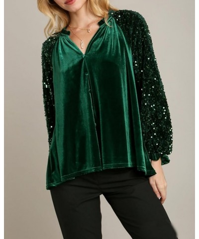 Velvet Tops for Women Sequin Long Sleeve Top V Neck Velvet Shirt Blouse Top Green $20.71 Blouses