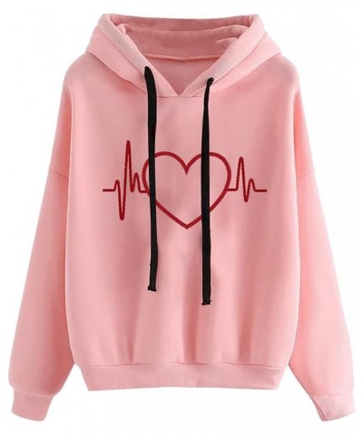 Heart Shaped Hoodies For Women Pocket Electrocardiogram Print Sweatshirt Long Sleeves Cute Fall Pullover Daily Cloth E4-pink ...