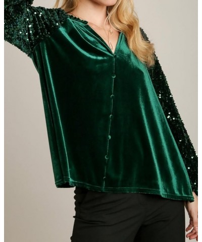 Velvet Tops for Women Sequin Long Sleeve Top V Neck Velvet Shirt Blouse Top Green $20.71 Blouses