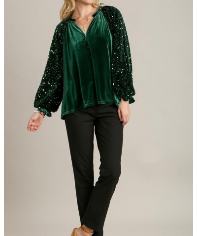 Velvet Tops for Women Sequin Long Sleeve Top V Neck Velvet Shirt Blouse Top Green $20.71 Blouses