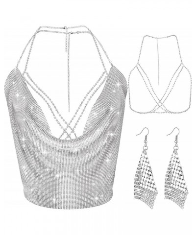 Women Tank Top Shiny Body Chain Dangle Earrings Crystal Set Sequins Cami Crop Tops Neck Chain Bikini for Beach Music Festival...