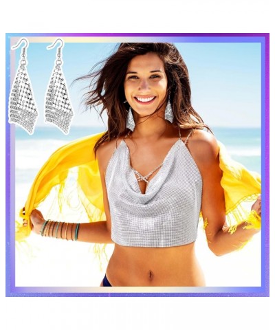 Women Tank Top Shiny Body Chain Dangle Earrings Crystal Set Sequins Cami Crop Tops Neck Chain Bikini for Beach Music Festival...