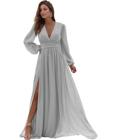 Long Sleeve Chiffon Bridesmaid Dresses for Wedding Pleated V-Neck A Line Formal Dresses Silver $37.50 Dresses