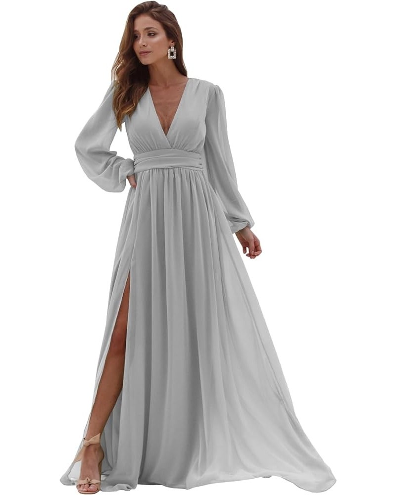 Long Sleeve Chiffon Bridesmaid Dresses for Wedding Pleated V-Neck A Line Formal Dresses Silver $37.50 Dresses