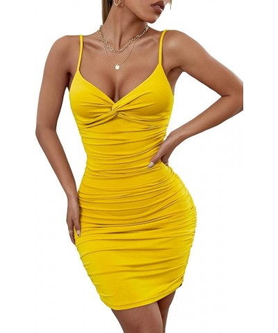 Women's Twist Front Ruched Sleeveless Bodycon Mini Dress Yellow $21.19 Dresses