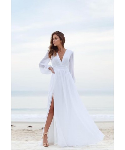 Long Sleeve Chiffon Bridesmaid Dresses for Wedding Pleated V-Neck A Line Formal Dresses Silver $37.50 Dresses