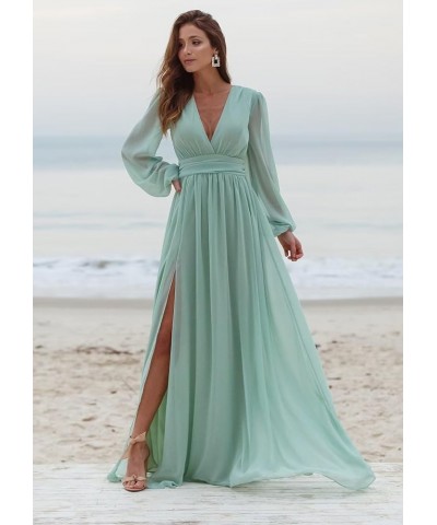 Long Sleeve Chiffon Bridesmaid Dresses for Wedding Pleated V-Neck A Line Formal Dresses Silver $37.50 Dresses